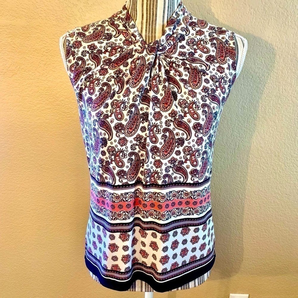 Tommy Hilfiger Tunic Top XS Sleeveless White Paisley Navy Pink Beige Stretch